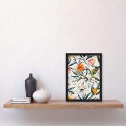 Artery8 Bright Exotic Flower Pattern with Hummingbird Framed Art Print in Green - Size: A4 - thumbnail 4