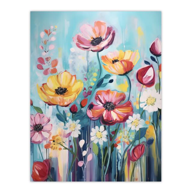 "Artery8 Teal Pink Yellow Flowers Elegant Watercolour Artwork Wildflower Meadow Unframed Wall Art Print Poster Home Decor Premium - Size: W12"" x H16""" - image 1