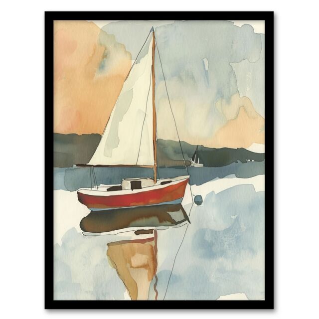 "Artery8 Red Sailboat in Tranquil Sea Harbour Watercolour Framed Art Print in Blue - Size: W12"" x H16""" - image 1