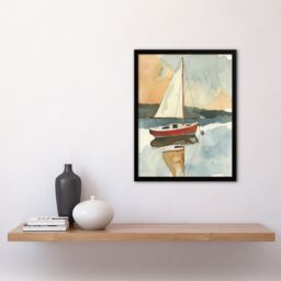 "Artery8 Red Sailboat in Tranquil Sea Harbour Watercolour Framed Art Print in Blue - Size: W12"" x H16""" - thumbnail 4