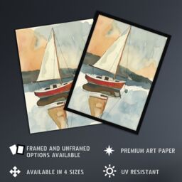 "Artery8 Red Sailboat in Tranquil Sea Harbour Watercolour Framed Art Print in Blue - Size: W12"" x H16""" - thumbnail 2