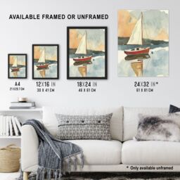 "Artery8 Red Sailboat in Tranquil Sea Harbour Watercolour Framed Art Print in Blue - Size: W12"" x H16""" - thumbnail 3