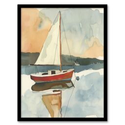 "Artery8 Red Sailboat in Tranquil Sea Harbour Watercolour Framed Art Print in Blue - Size: W12"" x H16""" - thumbnail 1