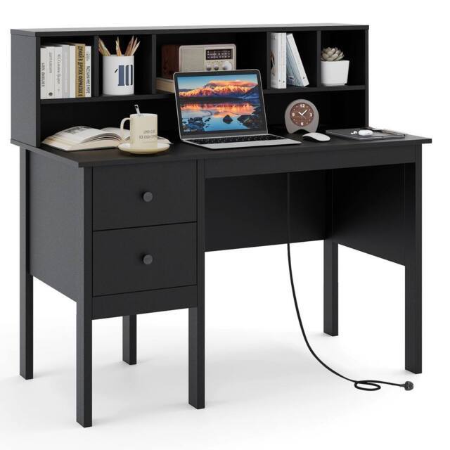 Costway Computer Desk 120 CM Writing Desk with Power Outlets & Drawers in Black - image 1
