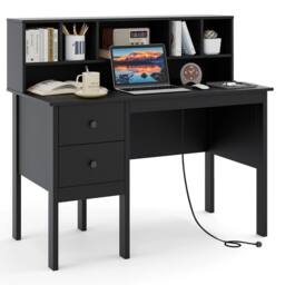 Costway Computer Desk 120 CM Writing Desk with Power Outlets & Drawers in Black