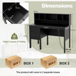 Costway Computer Desk 120 CM Writing Desk with Power Outlets & Drawers in Black - thumbnail 2