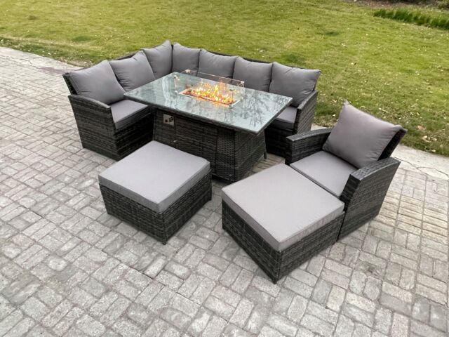 Fimous 9 Seater Rattan Garden Furniture Set High Back Corner Sofa Gas Fire Pit Dining Table Sets Gas Heater with 2 Big Footstool Armchair in Dark Grey - image 1