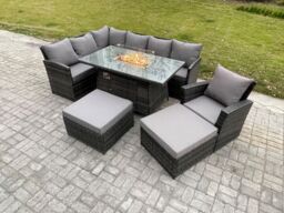 Fimous 9 Seater Rattan Garden Furniture Set High Back Corner Sofa Gas Fire Pit Dining Table Sets Gas Heater with 2 Big Footstool Armchair in Dark Grey - thumbnail 1