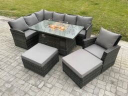 Fimous 9 Seater Rattan Garden Furniture Set High Back Corner Sofa Gas Fire Pit Dining Table Sets Gas Heater with 2 Big Footstool Armchair in Dark Grey - thumbnail 2