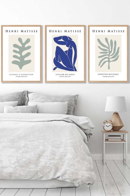 ARTZE Set of 3 Oak Framed Matisse Botanical Shapes with Nude in Green & Blue Wall Art in Light Green - Size: W53 cm x H73 cm x D20mm - image 1