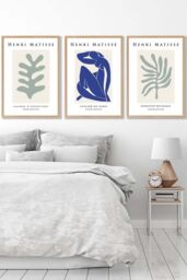 ARTZE Set of 3 Oak Framed Matisse Botanical Shapes with Nude in Green & Blue Wall Art in Light Green - Size: W53 cm x H73 cm x D20mm - thumbnail 1