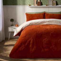 OHS Pumpkin Tufted Teddy Fleece Super Soft Duvet Set with Pillowcase in Burnt Orange - Size: Double