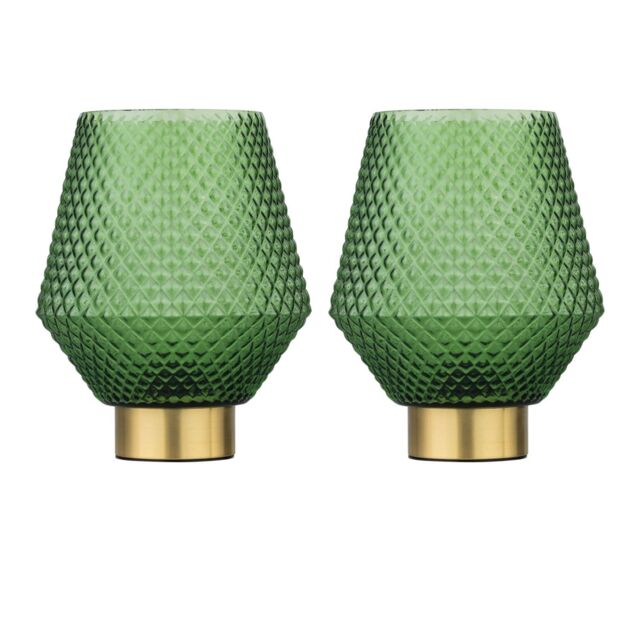 First Choice Lighting Set of 2 Porter - Battery Operate Satin Brass Lamps Green Tex Glass in Gold - image 1
