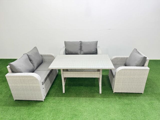 Fimous High Back Poly Rattan Garden Furniture Set with Reclining Chair Loveseat Sofa Rectangular Dining Table Indoor Outdoor Patio Set Light Grey - image 1