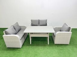 Fimous High Back Poly Rattan Garden Furniture Set with Reclining Chair Loveseat Sofa Rectangular Dining Table Indoor Outdoor Patio Set Light Grey - thumbnail 2
