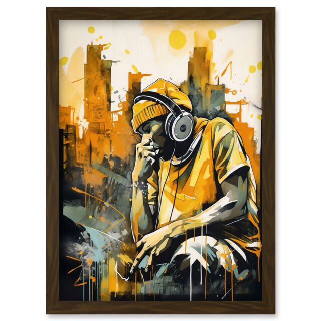 Artery8 Abstract Cityscape Young Man Wearing Headphones Listening to Music Modern Watercolour Illustration Artwork Framed Wall Art Print A4 in Brown - image 1
