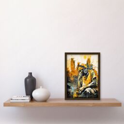 Artery8 Abstract Cityscape Young Man Wearing Headphones Listening to Music Modern Watercolour Illustration Artwork Framed Wall Art Print A4 in Brown - thumbnail 2