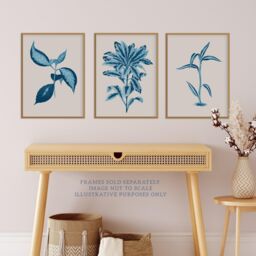 Wee Blue Coo Pack of 3 Modern Audubon Style Blue on Beige Detailed Leafy Plant Botanical Unframed Wall Art Living Room Prints Set - thumbnail 2