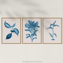 Wee Blue Coo Pack of 3 Modern Audubon Style Blue on Beige Detailed Leafy Plant Botanical Unframed Wall Art Living Room Prints Set - thumbnail 5