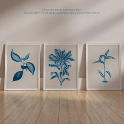 Wee Blue Coo Pack of 3 Modern Audubon Style Blue on Beige Detailed Leafy Plant Botanical Unframed Wall Art Living Room Prints Set - thumbnail 6