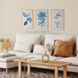 Wee Blue Coo Pack of 3 Modern Audubon Style Blue on Beige Detailed Leafy Plant Botanical Unframed Wall Art Living Room Prints Set - thumbnail 3