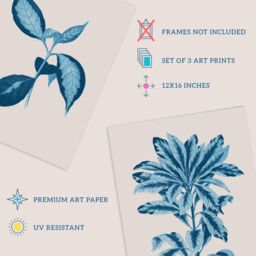 Wee Blue Coo Pack of 3 Modern Audubon Style Blue on Beige Detailed Leafy Plant Botanical Unframed Wall Art Living Room Prints Set - thumbnail 4