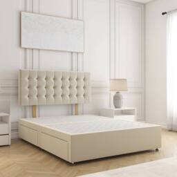 "BSSPOKE Isla Divan Bed Plush 24"" Headboard 2Drawers Same Side & No Mattress in Cream - Size: Single"