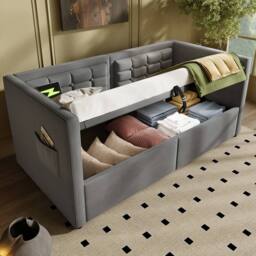 Merax Single Velvet Daybed With Storage & Charging, Upholstered Bed in Grey - thumbnail 1