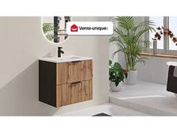Vente-unique Fluted Wall-Hung Vanity Unit - Light Natural & Black - 60 Cm - thumbnail 4