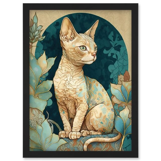 Artery8 Devon Rex Cat with Pattern Fur Art Nouveau Modern Illustration Artwork Framed Wall Art Print A4 in Black - image 1