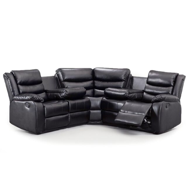 Furnishings For Less UK Minnesota Leather Reclining Corner Sofa 5 Seater Manual Recliner Comfortable Padded Arms With Drinks Tray in Black - image 1
