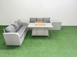 Fimous Outdoor Garden Furniture Sets 6 Seater Wicker Rattan Furniture Sofa Sets w/ Firepit Dining Table high Back Lounge Sofa 2 Side Table Light Grey - thumbnail 1