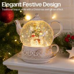 Xmas Haus Snow Swirl Festive Christmas Glitter LED Teapot in Cream - thumbnail 2
