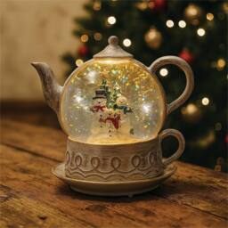Xmas Haus Snow Swirl Festive Christmas Glitter LED Teapot in Cream