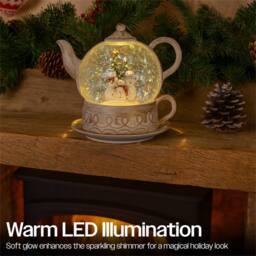 Xmas Haus Snow Swirl Festive Christmas Glitter LED Teapot in Cream - thumbnail 3