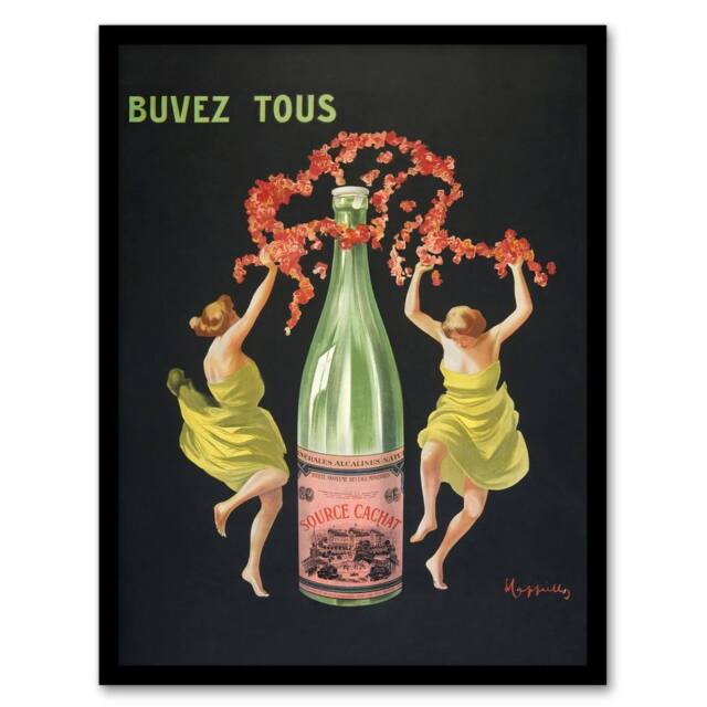Artery8 Drink All Cachat Vintage Ad Vintage Framed Wall Art Print Cappiello in Black - Size: A4 - image 1