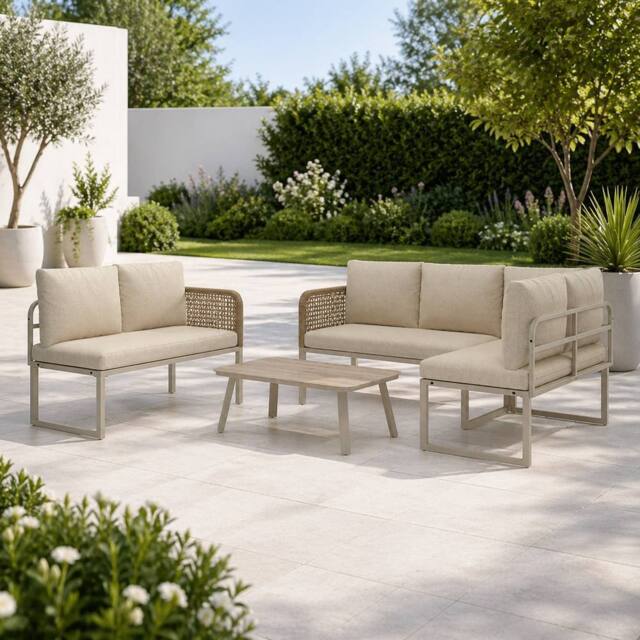 Merax 6 Seater Garden Corner Sofa Set with Tempered Glass Coffee Table in Beige