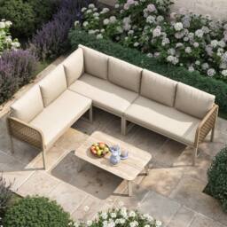 Merax 6 Seater Garden Corner Sofa Set with Tempered Glass Coffee Table in Beige - thumbnail 9