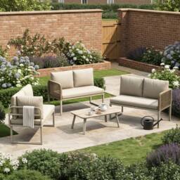 Merax 6 Seater Garden Corner Sofa Set with Tempered Glass Coffee Table in Beige - thumbnail 7