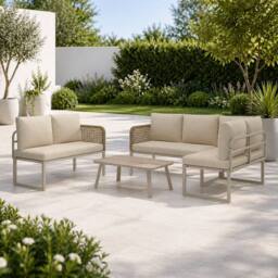 Merax 6 Seater Garden Corner Sofa Set with Tempered Glass Coffee Table in Beige - thumbnail 1
