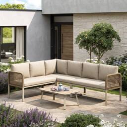 Merax 6 Seater Garden Corner Sofa Set with Tempered Glass Coffee Table in Beige - thumbnail 4
