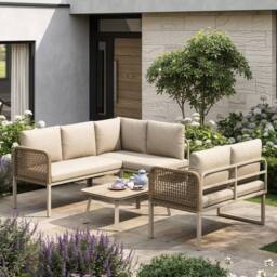 Merax 6 Seater Garden Corner Sofa Set with Tempered Glass Coffee Table in Beige - thumbnail 3