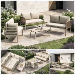 Merax 6 Seater Garden Corner Sofa Set with Tempered Glass Coffee Table in Beige - thumbnail 2