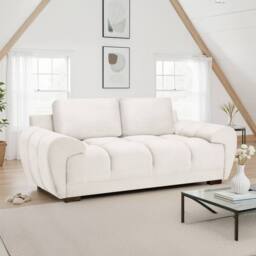 Furnishings For Less UK Zura Cream Plush Fabric Large 2 Seater Sofa Pillow Back Wooden Legs