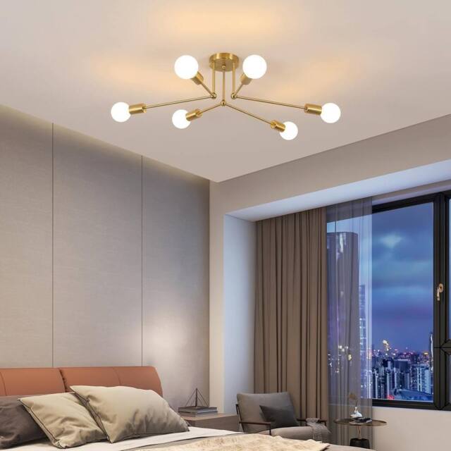 Goeco Sputnik Chandelier, Vintage 6-Bulb Industrial Ceiling Light, Gold, E27 in Gold