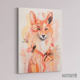"Artery8 Kitsune Fox Spirit Animal Boho Floral Canvas Wall Art Print in Orange - Size: W18"" x H24""" - thumbnail 2