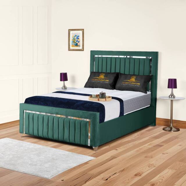UK Bed Furniture Chrome Edge Gas Lift Storage Upholstered Bed With 48-inch Headboard in Green - Size: Small Double - image 1