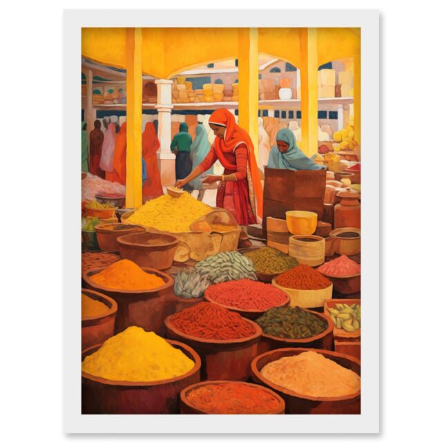 Artery8 Wall Art Print The Spice Market Asian Herbs & Spices Colourful Kitchen Artwork Framed A4 in White - image 1
