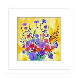Artery8 Vibrant Purple Pink on Yellow Wildflower Bouquet Flowers Floral Blooms Square Wooden Framed Wall Art Print Picture 8X8 Inch in White - thumbnail 1