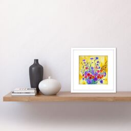 Artery8 Vibrant Purple Pink on Yellow Wildflower Bouquet Flowers Floral Blooms Square Wooden Framed Wall Art Print Picture 8X8 Inch in White - thumbnail 2